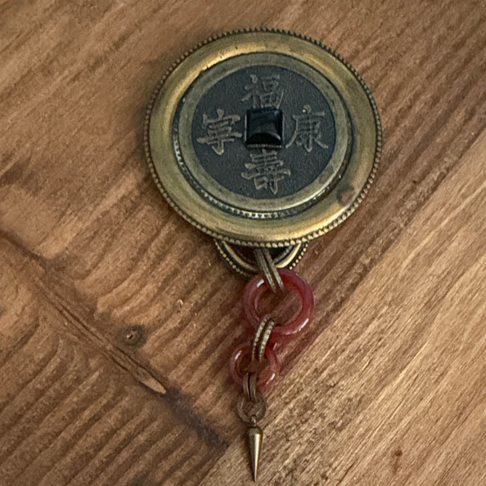 Vintage Brass Coin Charm Brooch with Red Agate Links